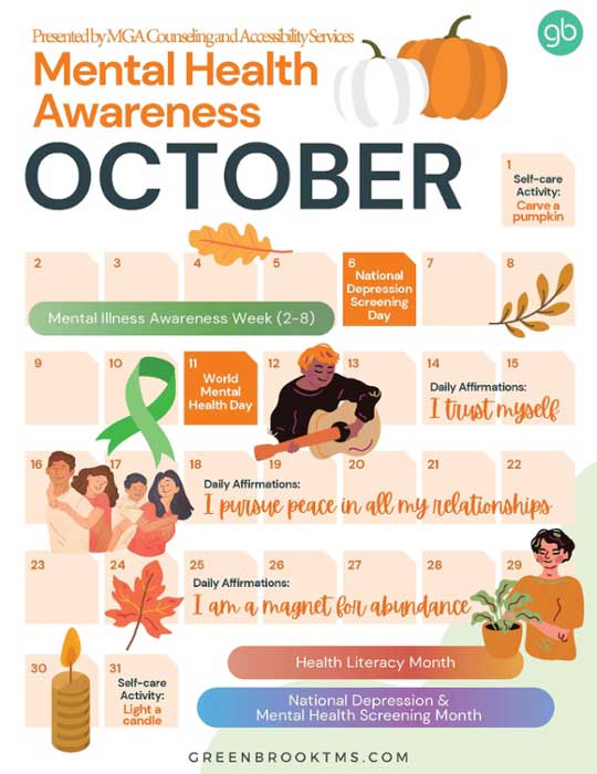Mental Health awareness calendar for the month of October.